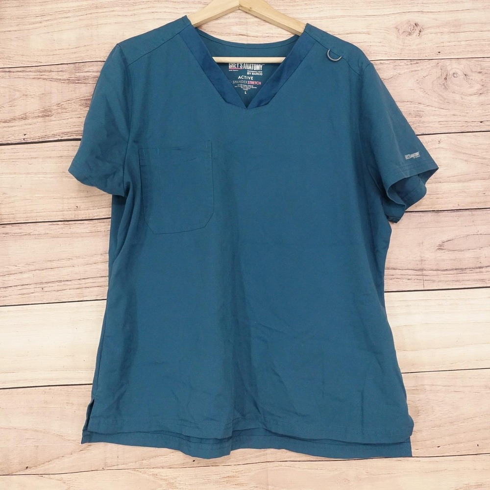 Grey's Anatomy Scrub Top Womens L Blue V-Neck Short Sleeve Active Stretch Tunic